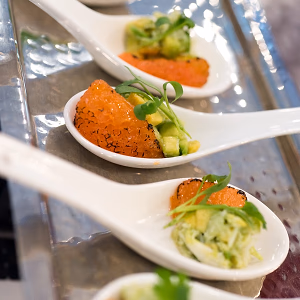 caramelized grapefruit with crab and avocado salad