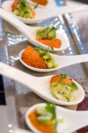 caramelized grapefruit with crab and avocado salad