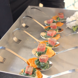Wagyu Steak House Bites on Spoons and Metal Tray
