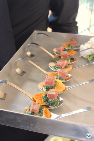 Wagyu Steak House Bites on Spoons and Metal Tray