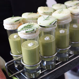Sweet Pea Soup Shot with Cucumber Canape