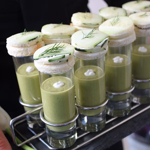 Chilled english pea soup with cucumber boursin canape