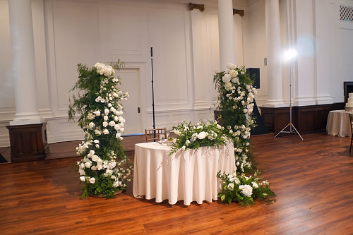 Sweetheart Table framed by Floral-Covered Arches