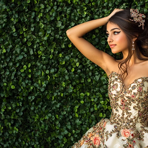 Young Lady in White and Floral Quinceanera Dress Against Hedge Wall Backdrop