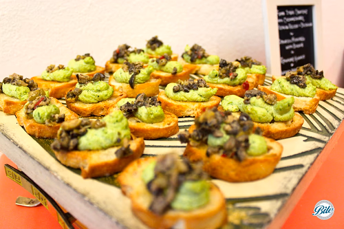 Edamame Hummus with Tapenade Crostini for Funeral Menu at Torrance Cultural Arts Center