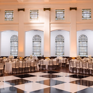 Plated Dinner Set in Ballroom with Black and White Dance Floor