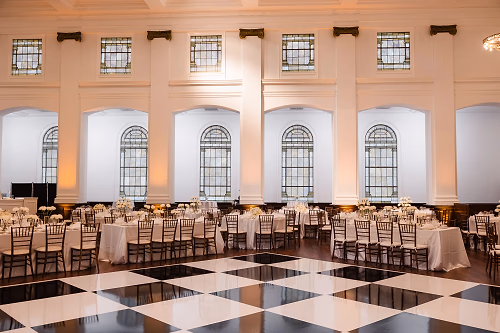Plated Dinner Set in Ballroom with Black and White Dance Floor