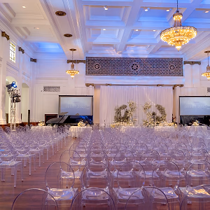 Ballroom set for the California Wedding Day Awards—custom stage, full AV, seating for 600