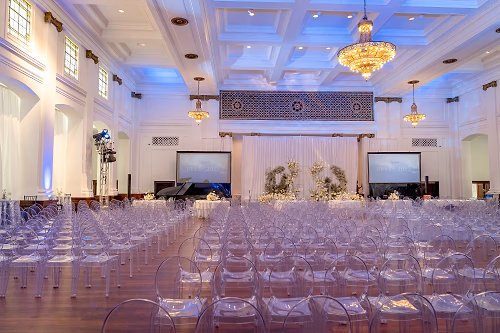 Ballroom set for the California Wedding Day Awards—custom stage, full AV, seating for 600