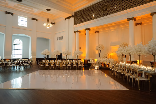White-and-gold ballroom wedding setup