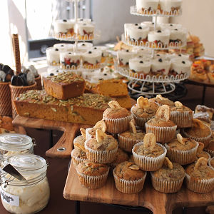 Breakfast Breads Display with Pumpkin Bread and Homemade Clotted Cream!